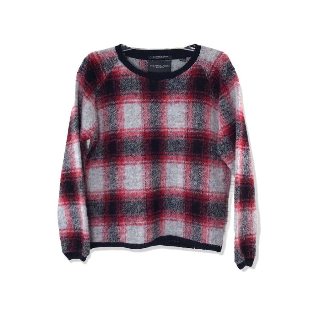 SCOTCH & SODA Sz1 Maison Plaid Red Pullover Sweater Brushed Boxy Raglan Medium